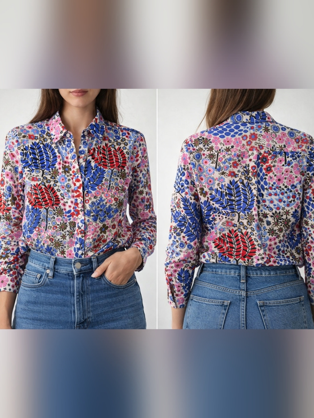 Talbots Floral Blouse in White, Blue & Pink Size MP
